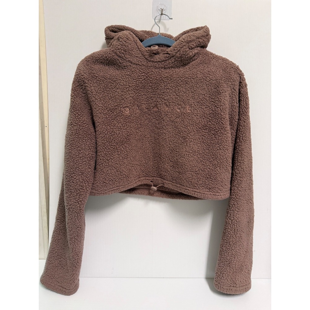 Balance Athletica Women Mauve Brown Sherpa Teddy Cropped Hoodie Pullover Size M